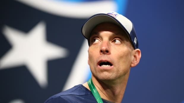 Feb 3, 2019; Atlanta, GA, USA; New England Patriots wide receivers coach Chad O'Shea before Super Bowl LIII against the Los Angeles Rams at Mercedes-Benz Stadium. Mandatory Credit: Mark J. Rebilas-USA TODAY Sports